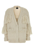 Moncler Grenoble Fringed Crochet Knit Cardigan — Beige
