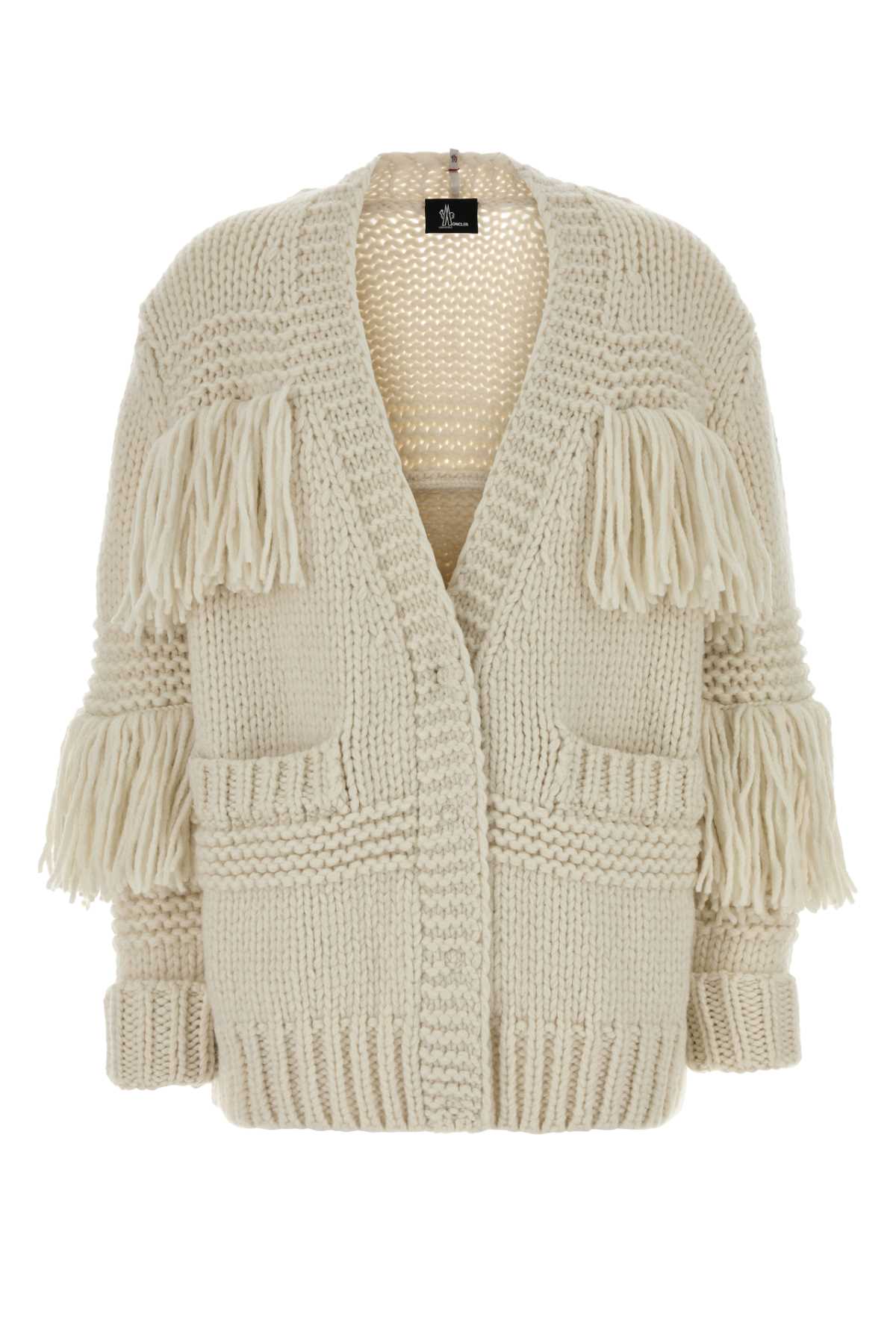 Moncler Grenoble Fringed Crochet Knit Cardigan — Beige