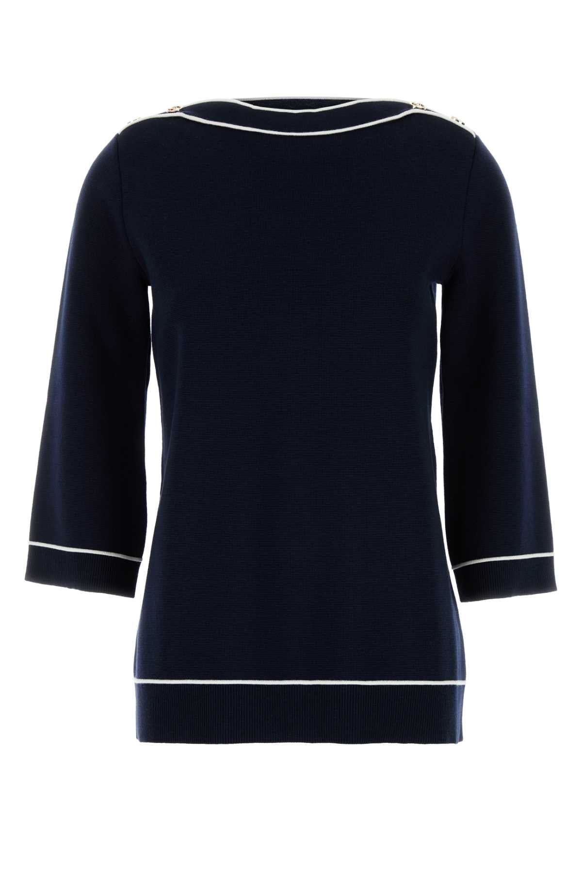 Gucci Wool 3/4-Sleeve Boat Neckline Sweater — Navy