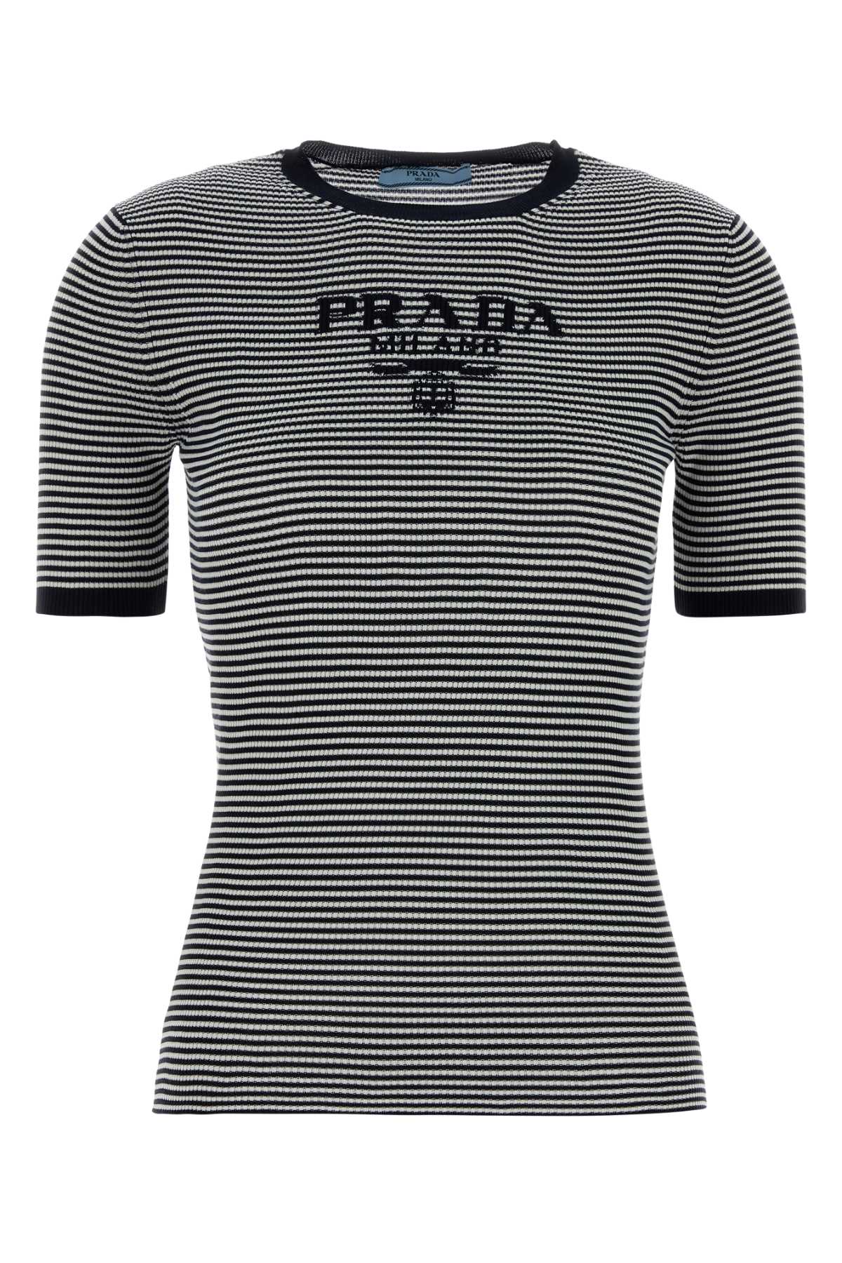 Prada Embroidered Striped Silk T-Shirt — Black
