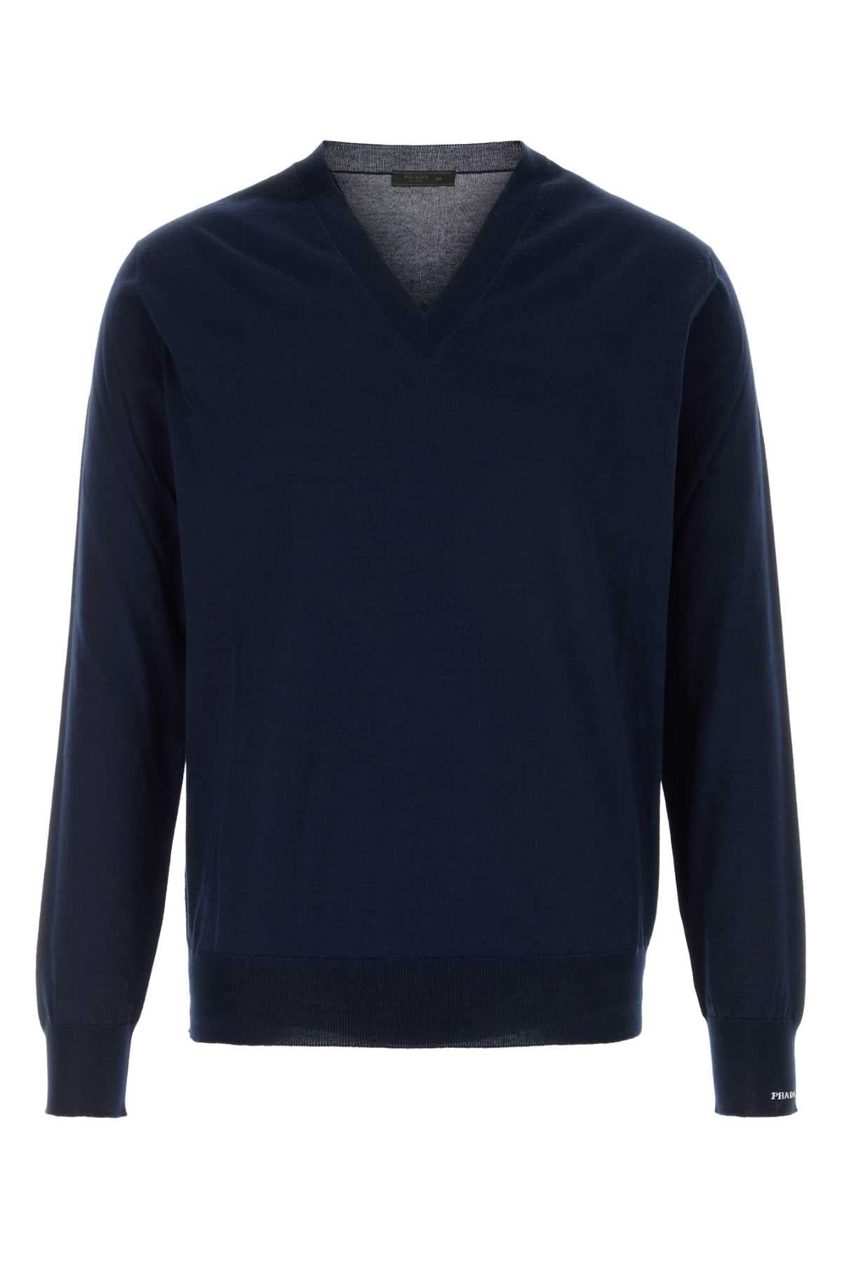 Prada Cotton V-Neck Sweater — Navy