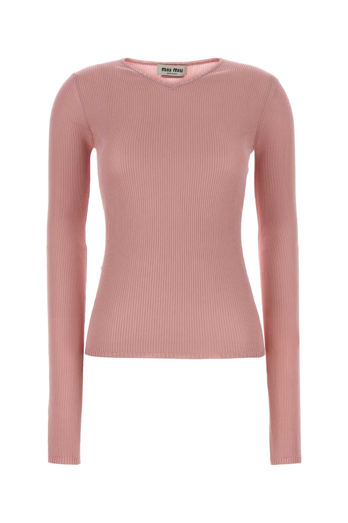 Miu Miu Ribbed Silk T-Shirt — Pink