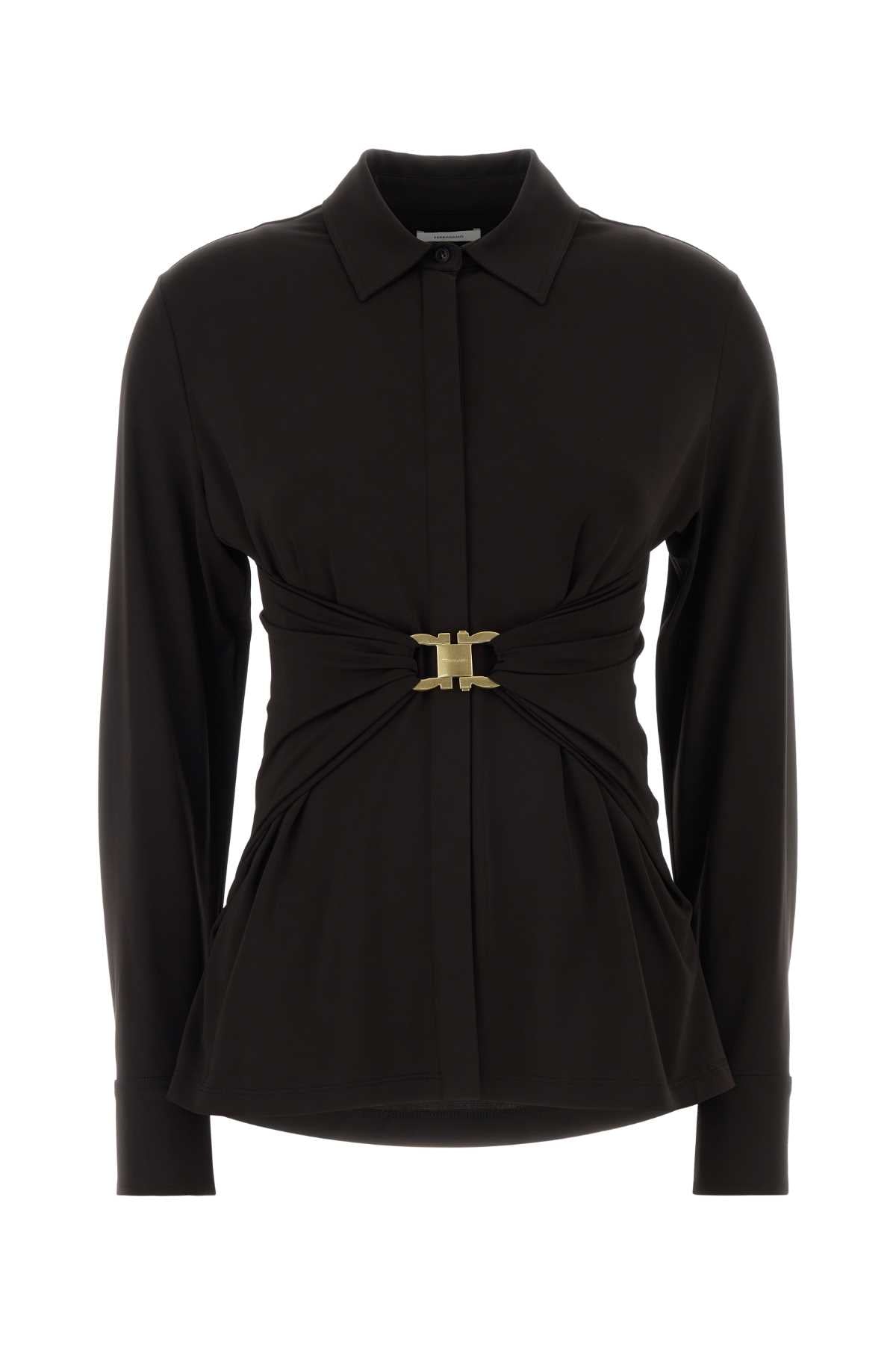 Ferragamo Stretch Viscose with Belted Waist Shirt — Black