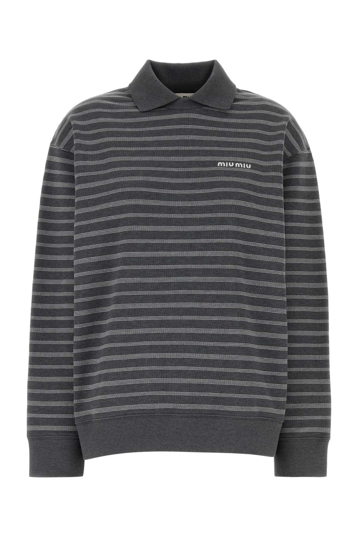 Miu Miu Striped Cotton Polo Sweater — Gray