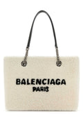 Balenciaga Shearling Logo Tote Bag — White