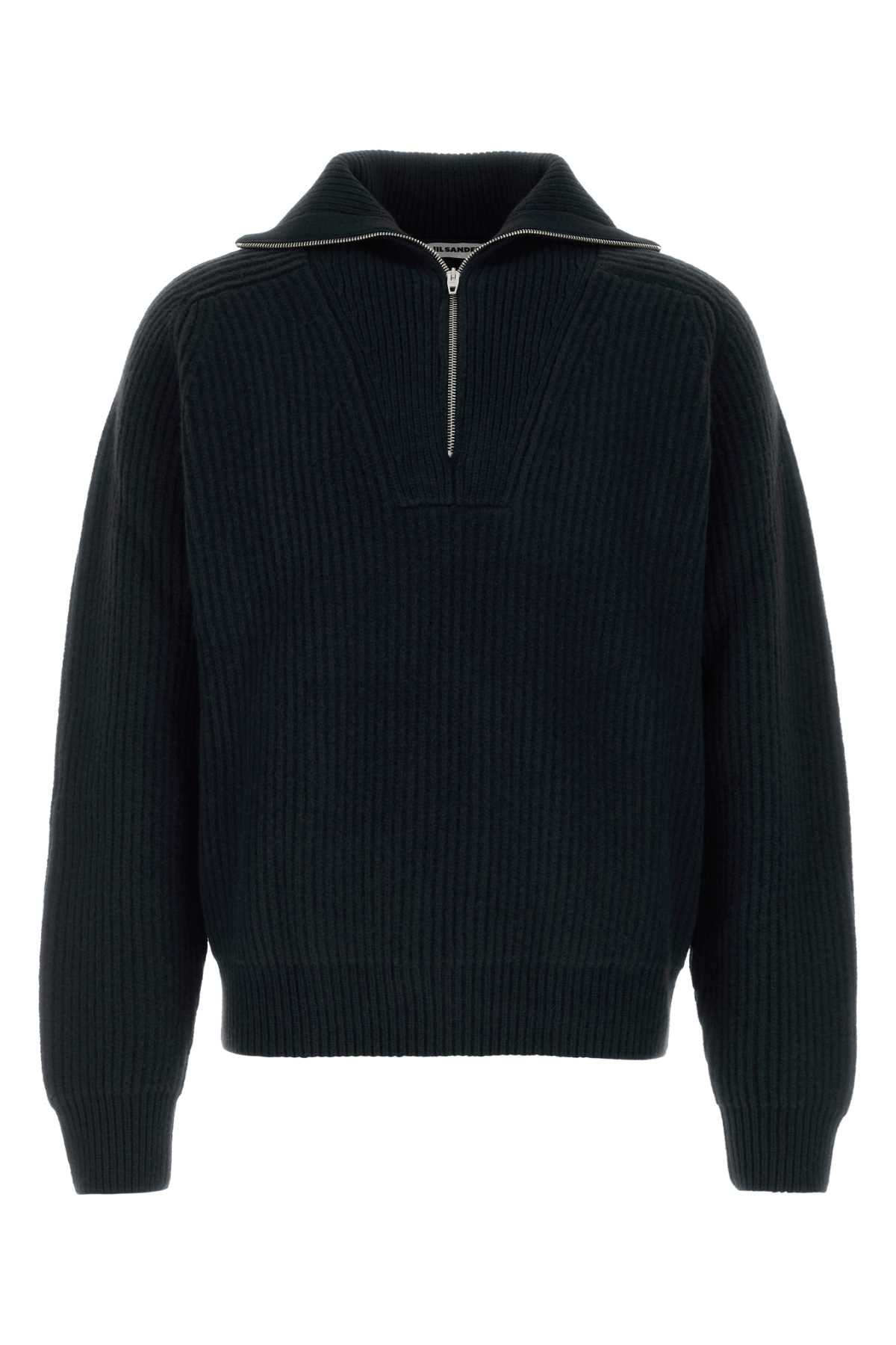 Jil Sander Ribbed Wool Half-Zip Sweater — Black