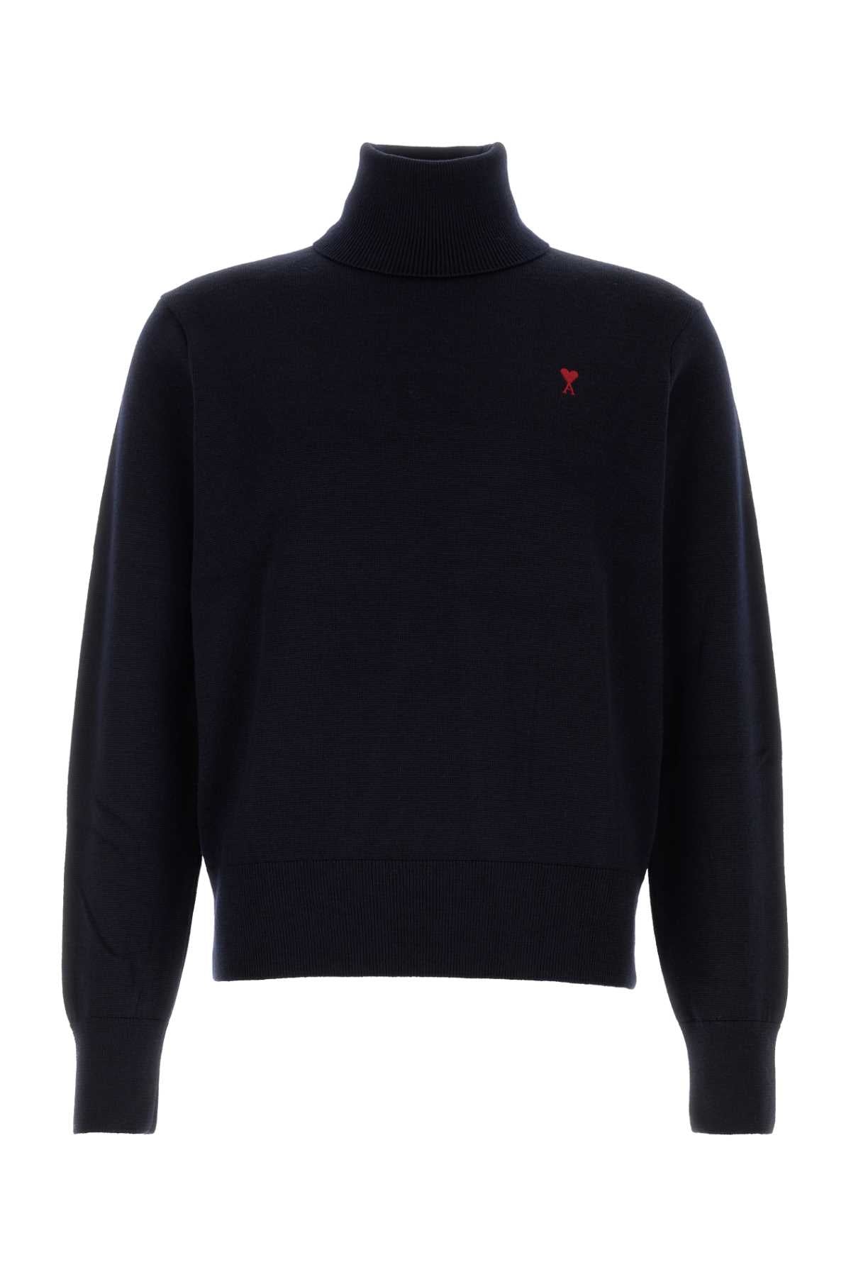 AMI Paris Merino Wool Turtleneck Sweater — Navy