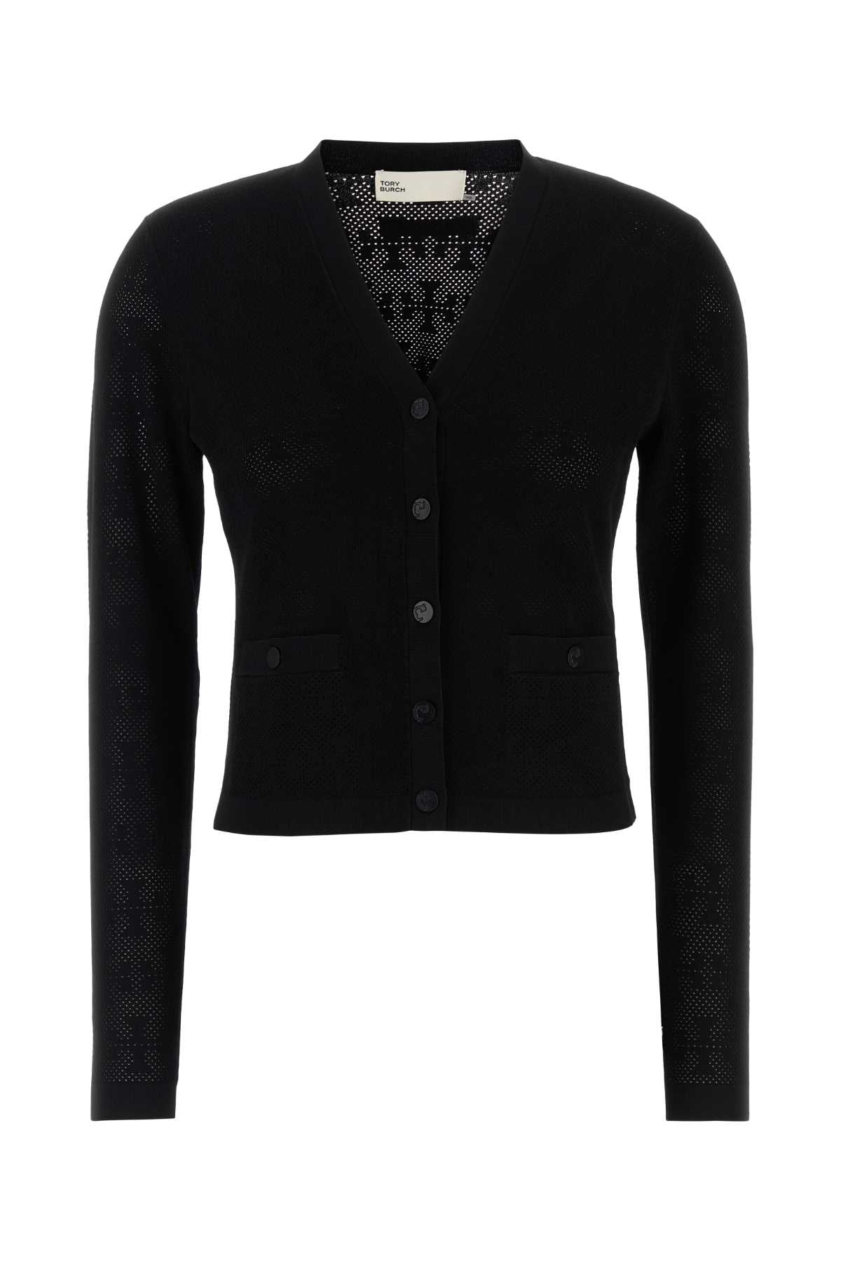 Tory Burch Viscose-Blend Pointelle Knit Cardigan — Black