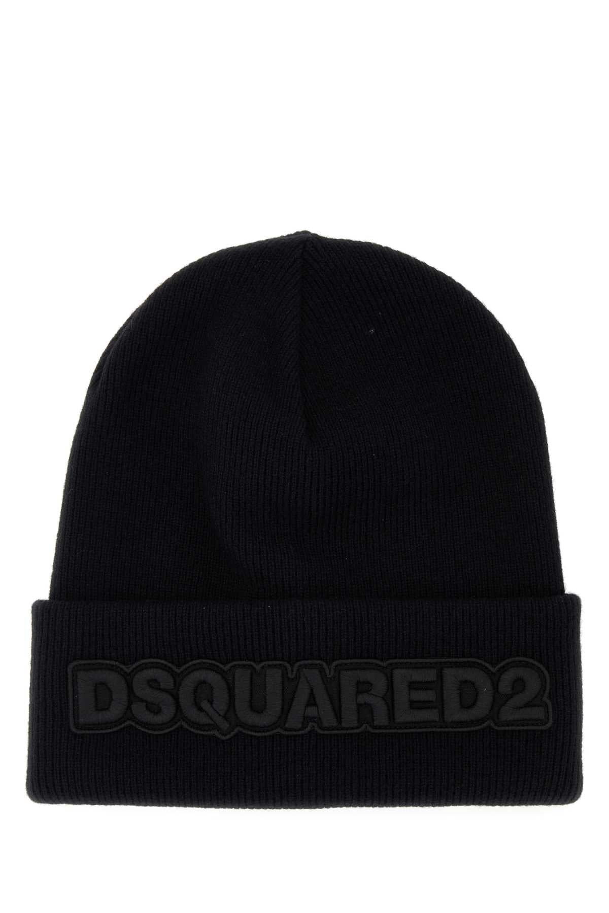 Dsquared2 CAPPELLO Wool Ribbed Beanie — Black