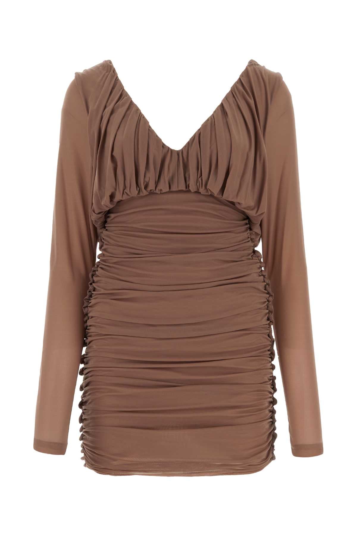 Saint Laurent Ruched Jersey Dress — Beige