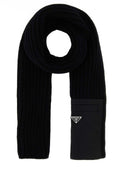 Prada Wool-Blend Ribbed Scarf — Black