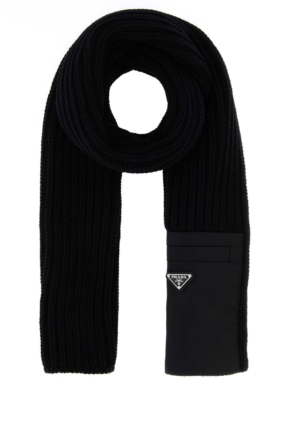 Prada Wool-Blend Ribbed Scarf — Black