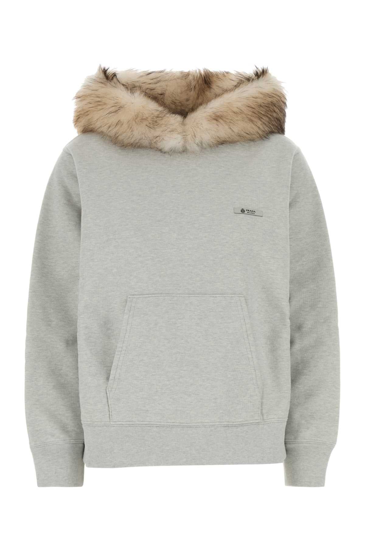 Prada Faux-Fur Hooded Cotton Sweatshirt — Gray