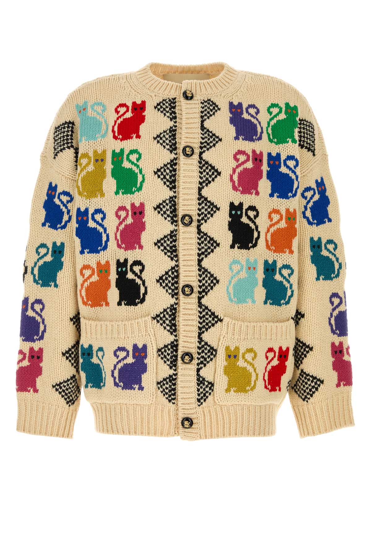 Valentino Garavani Intarsia-Knit Cat and Houndstooth Cardigan — Beige
