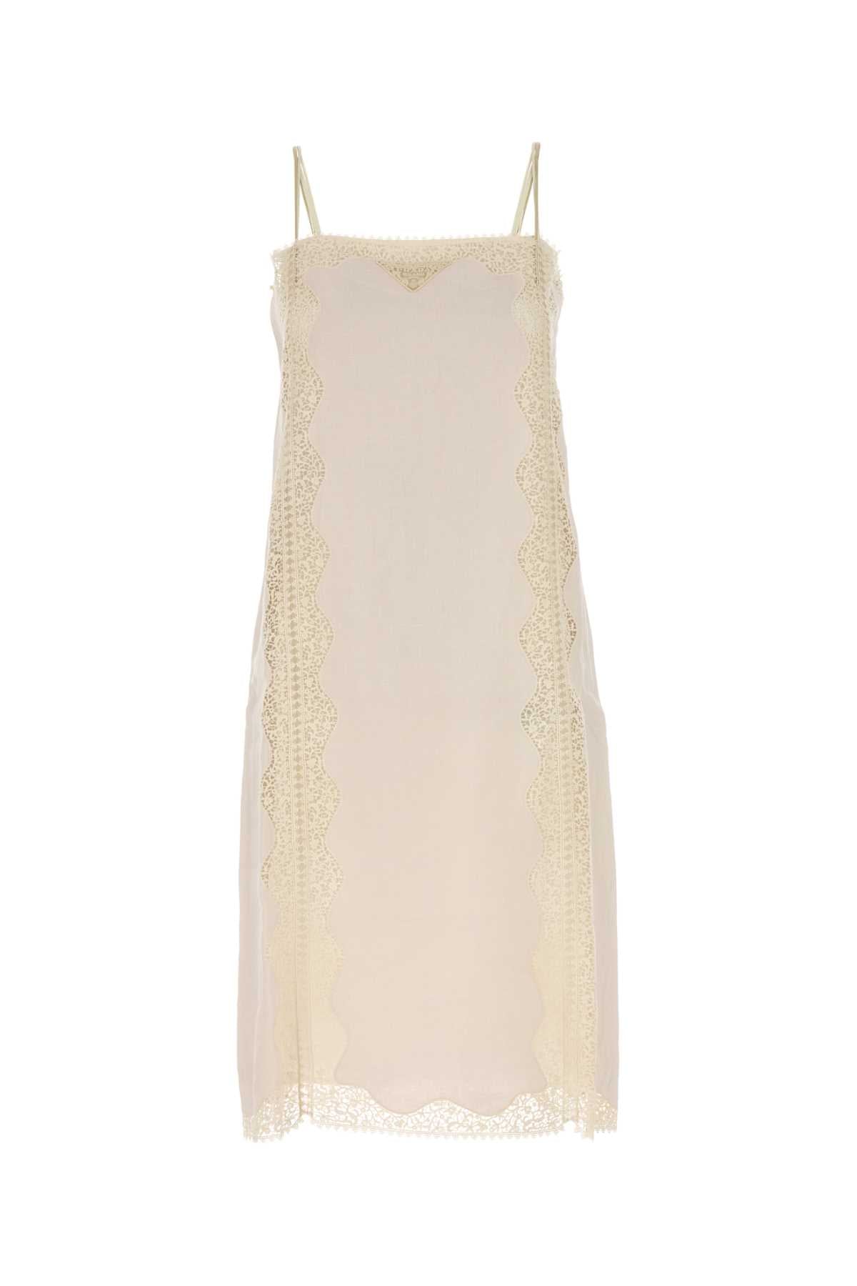 Prada Lace-Trimmed Linen Dress — Beige
