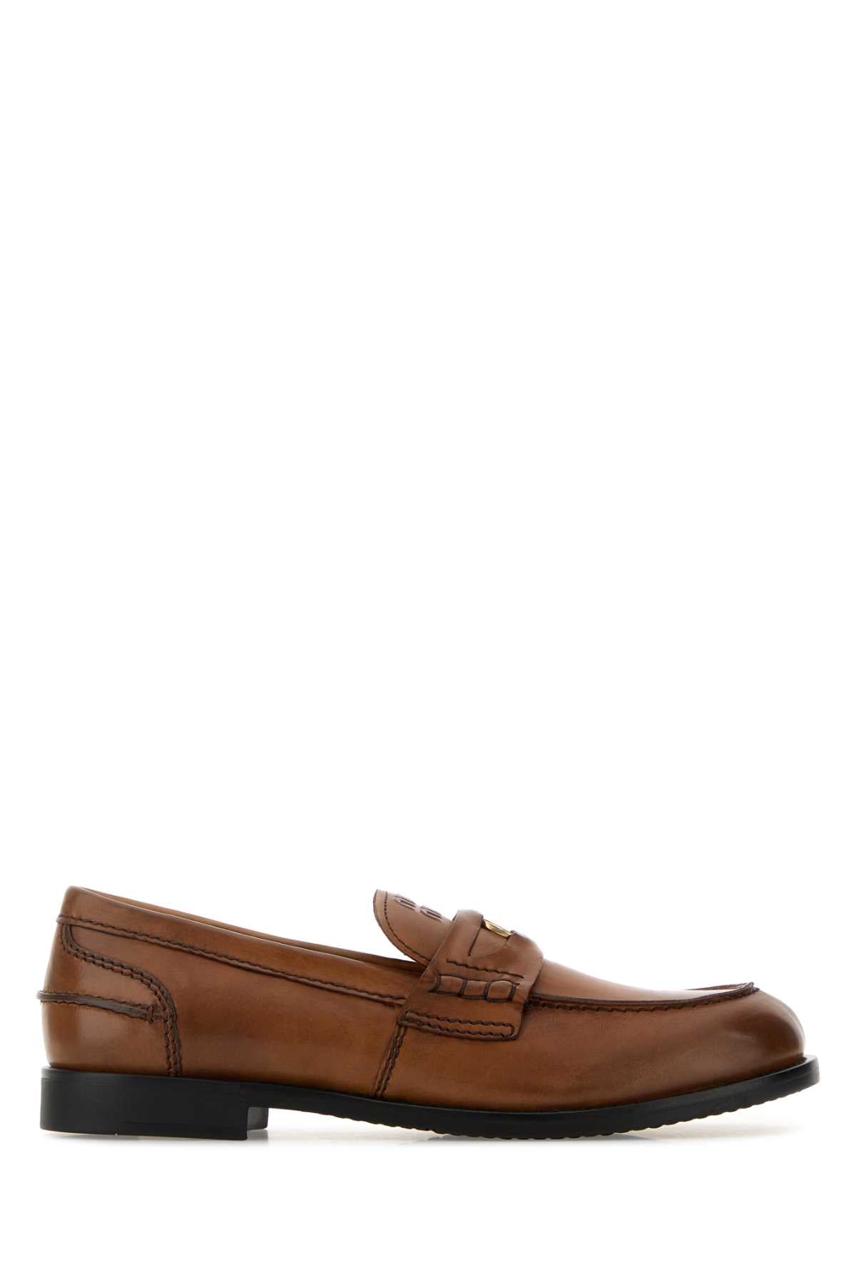 Miu Miu Leather Strap Moccasin Loafer — Brown