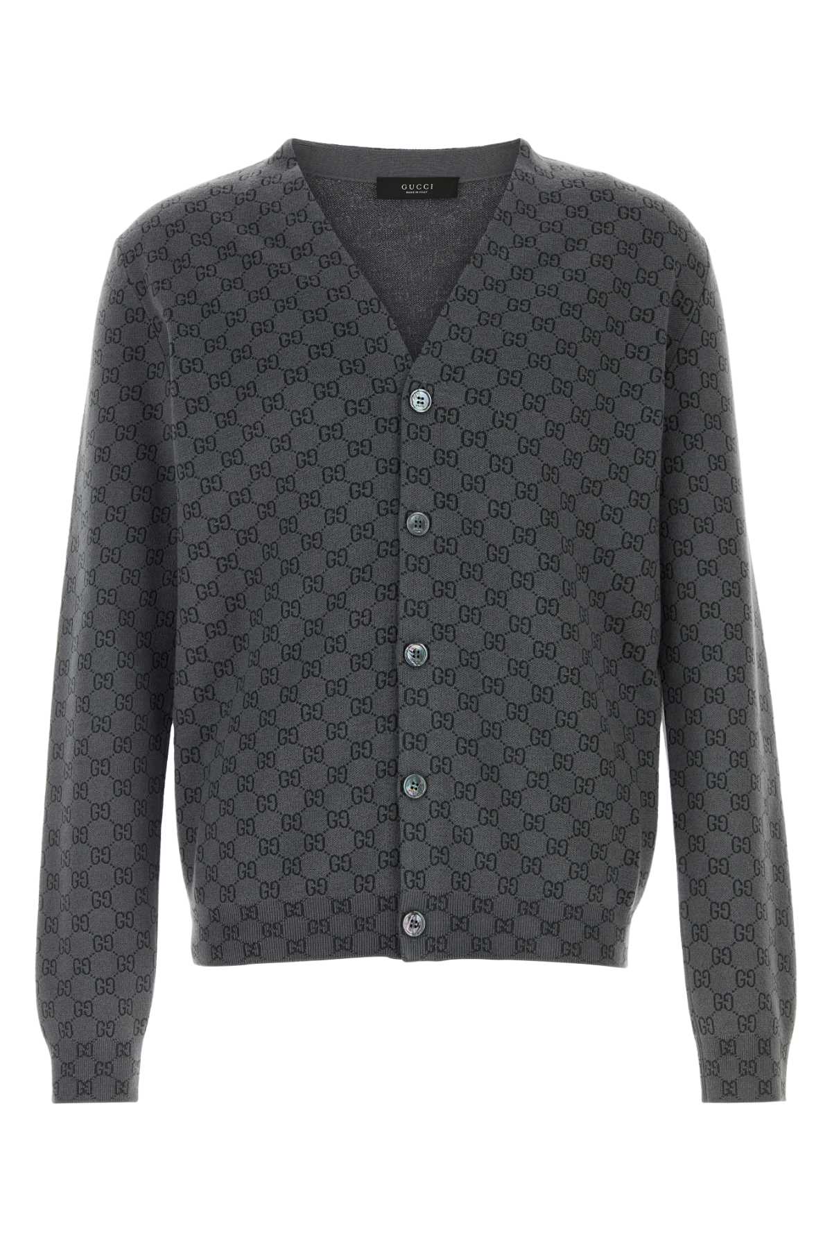 Gucci Logo-Embroidered Wool Blend Cardigan — Gray