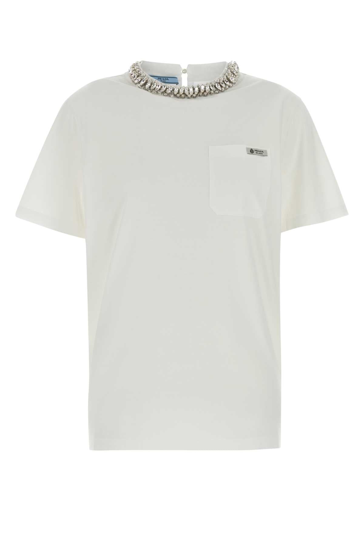 Prada Crystal-Embellished Crew Neck Cotton T-Shirt — White