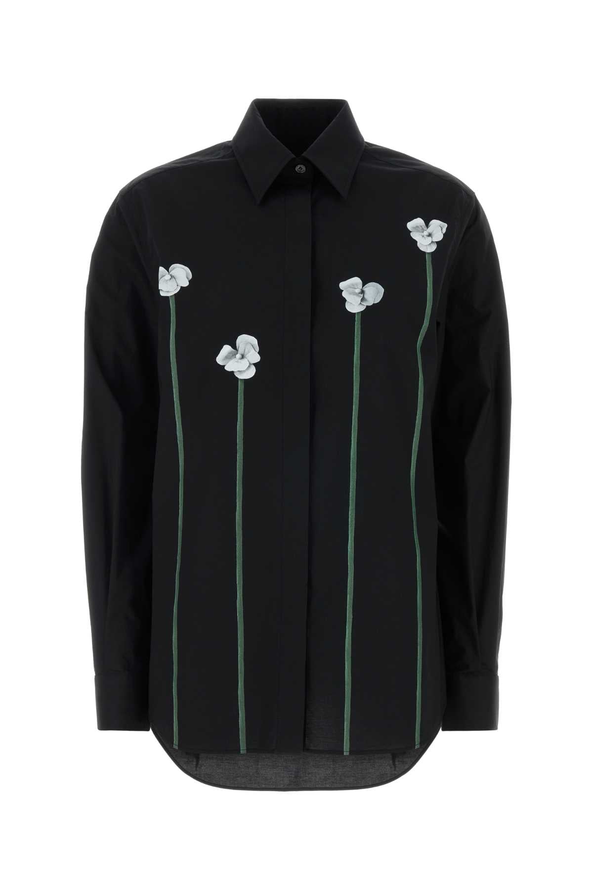 Moschino Floral-Embroidered Stretch Poplin Shirt — Black