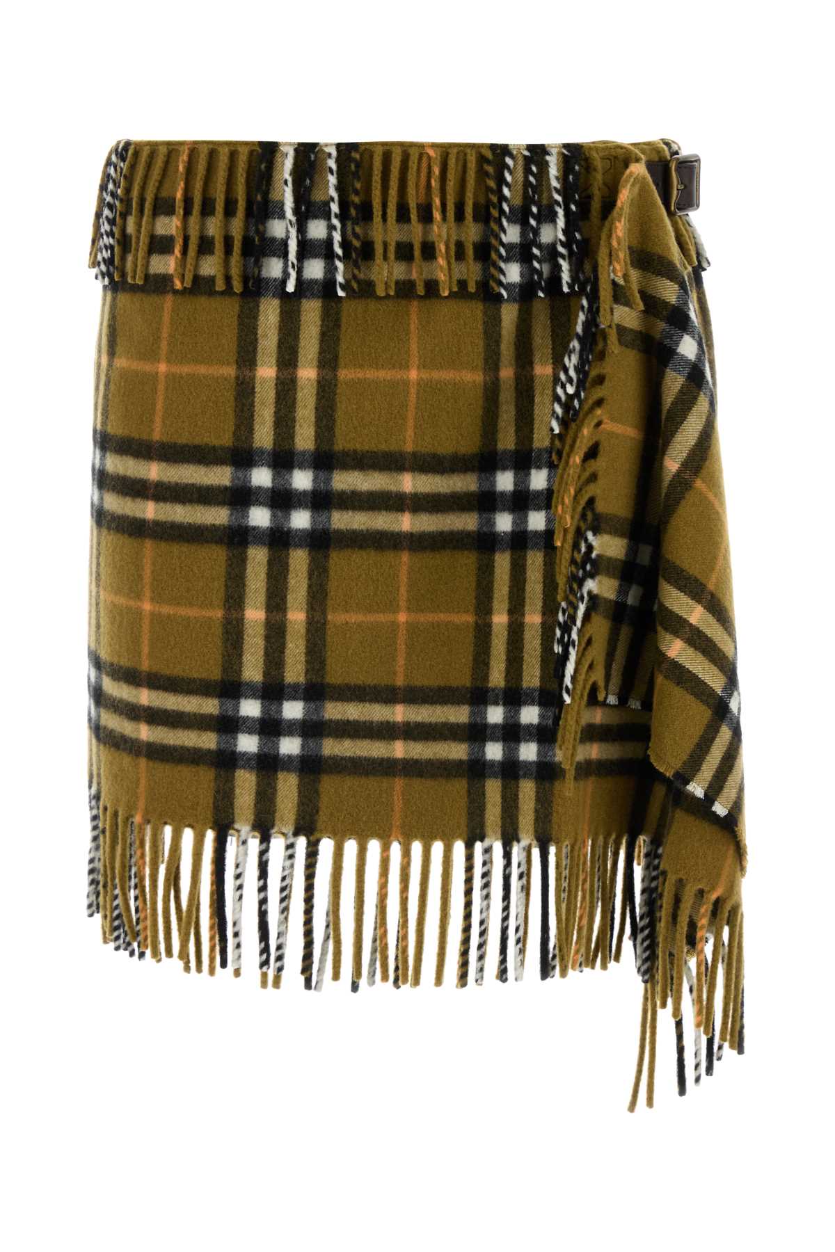 Burberry Tartan Wool Blend with Fringe Trim Skirt — Gold