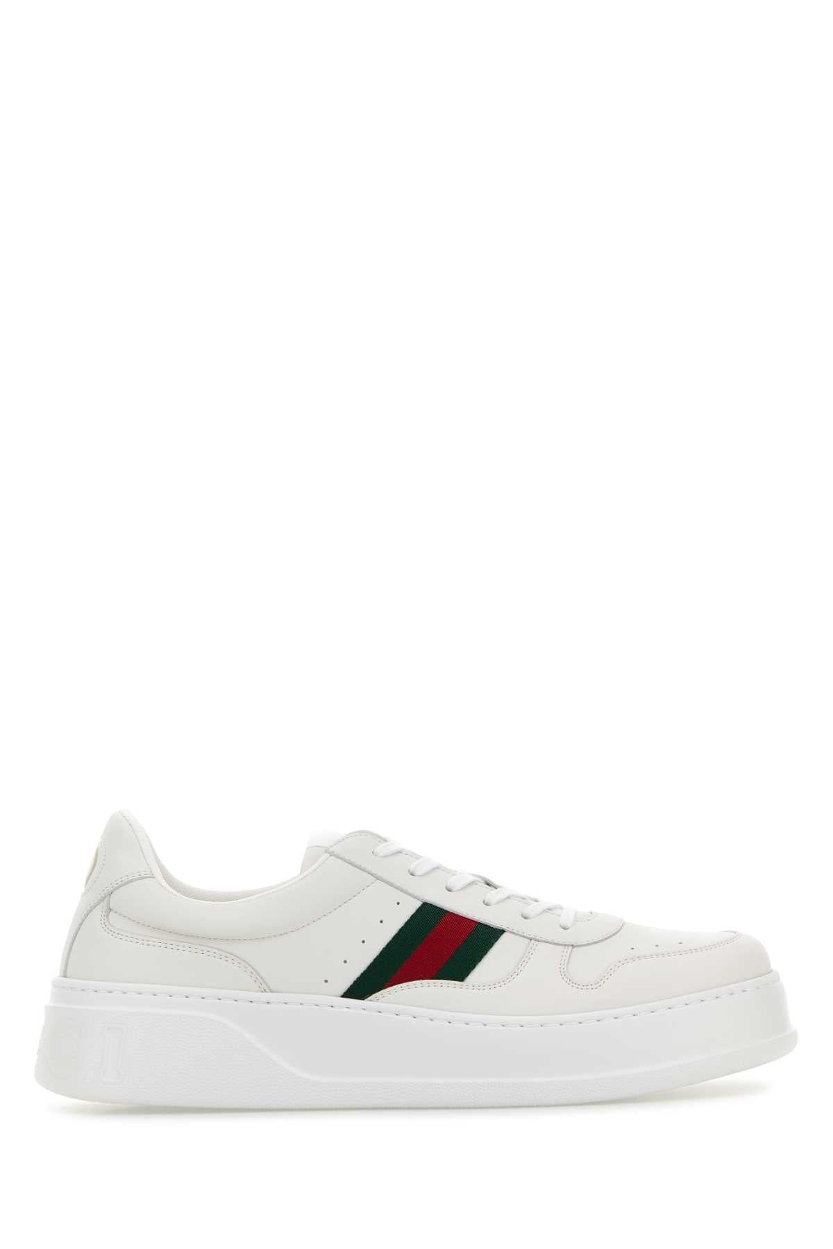Gucci Web-Stripe Calf Leather Sneakers — White