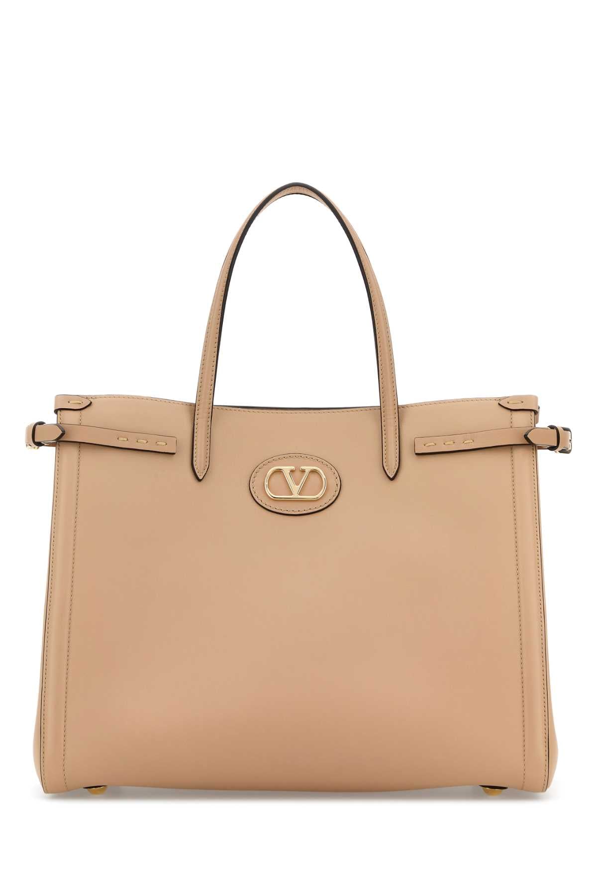 Valentino Garavani Leather Vlogo Signature Tote Bag — Beige