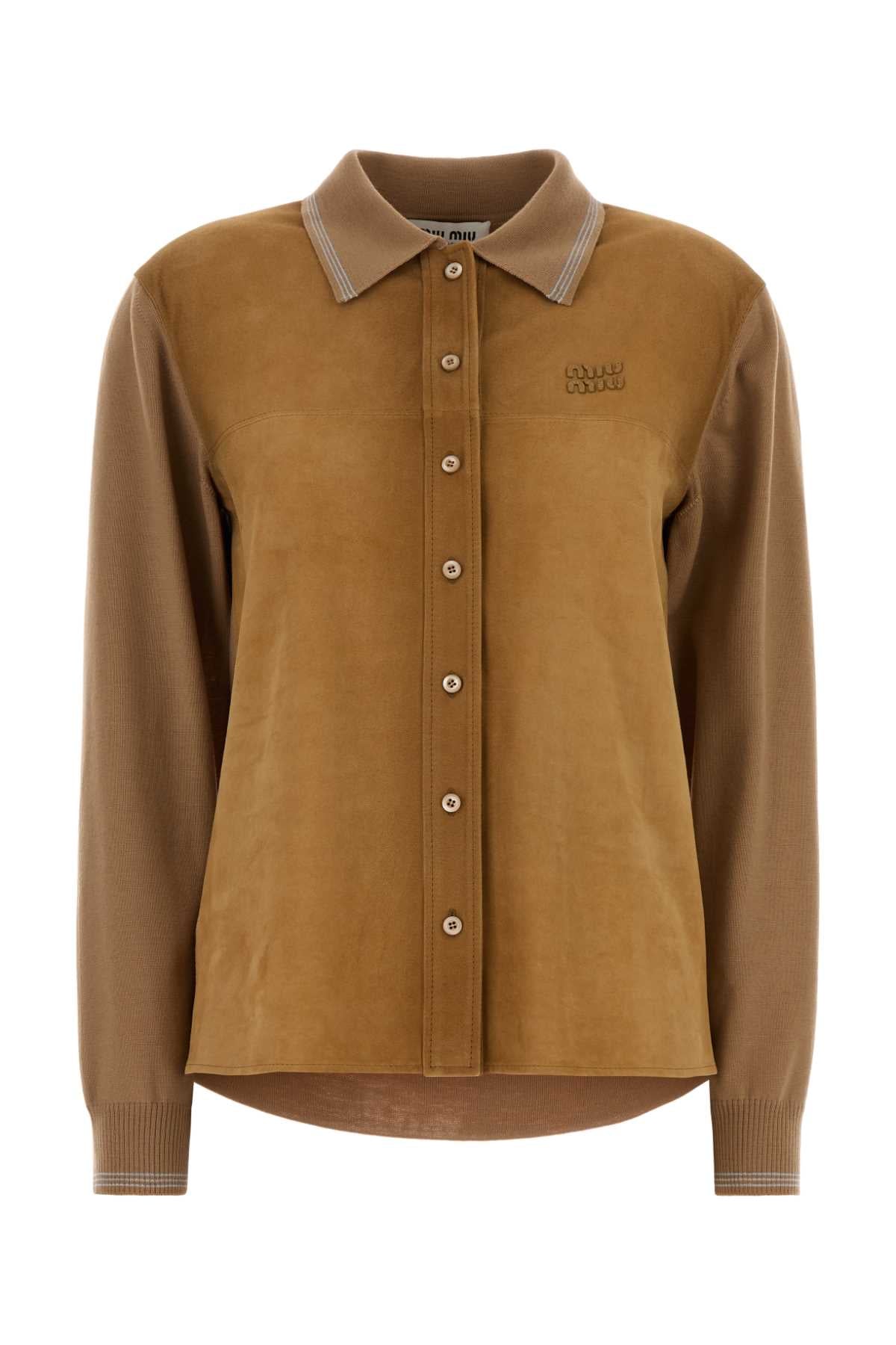 Miu Miu Virgin Wool and Suede Cardigan — Camel