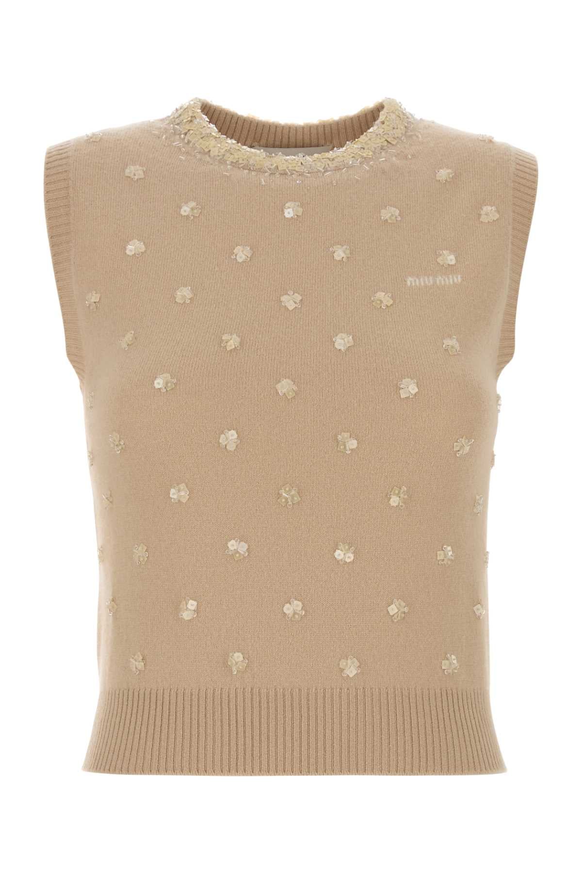 Miu Miu Cashmere Embellished Tank Top — Beige