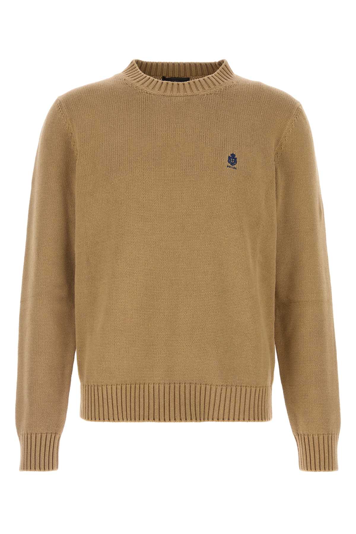 Prada Logo-Embroidered Cotton Sweater — Beige