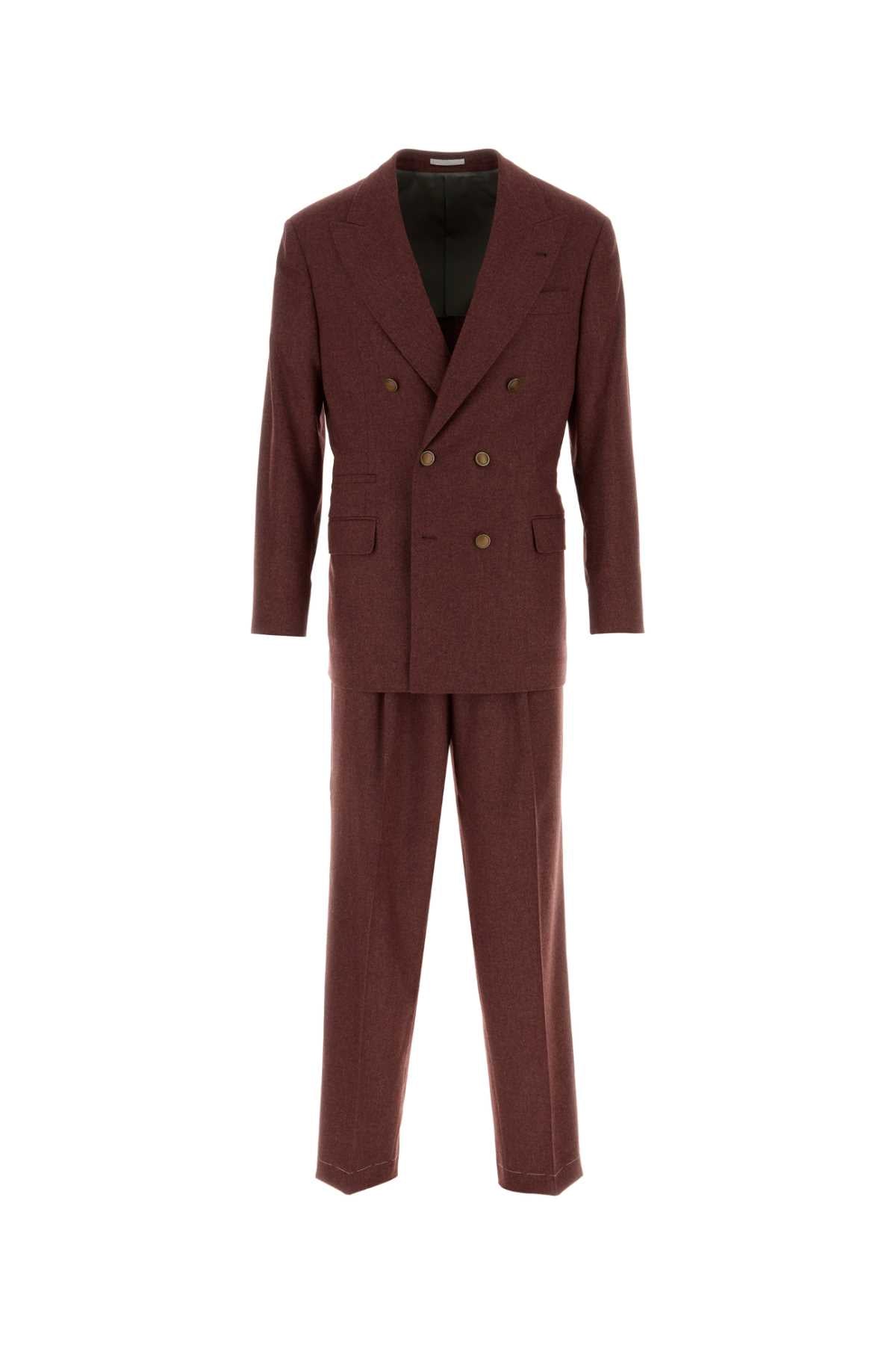 Brunello Cucinelli Double-Breasted Wool Blend Suit — Burgundy