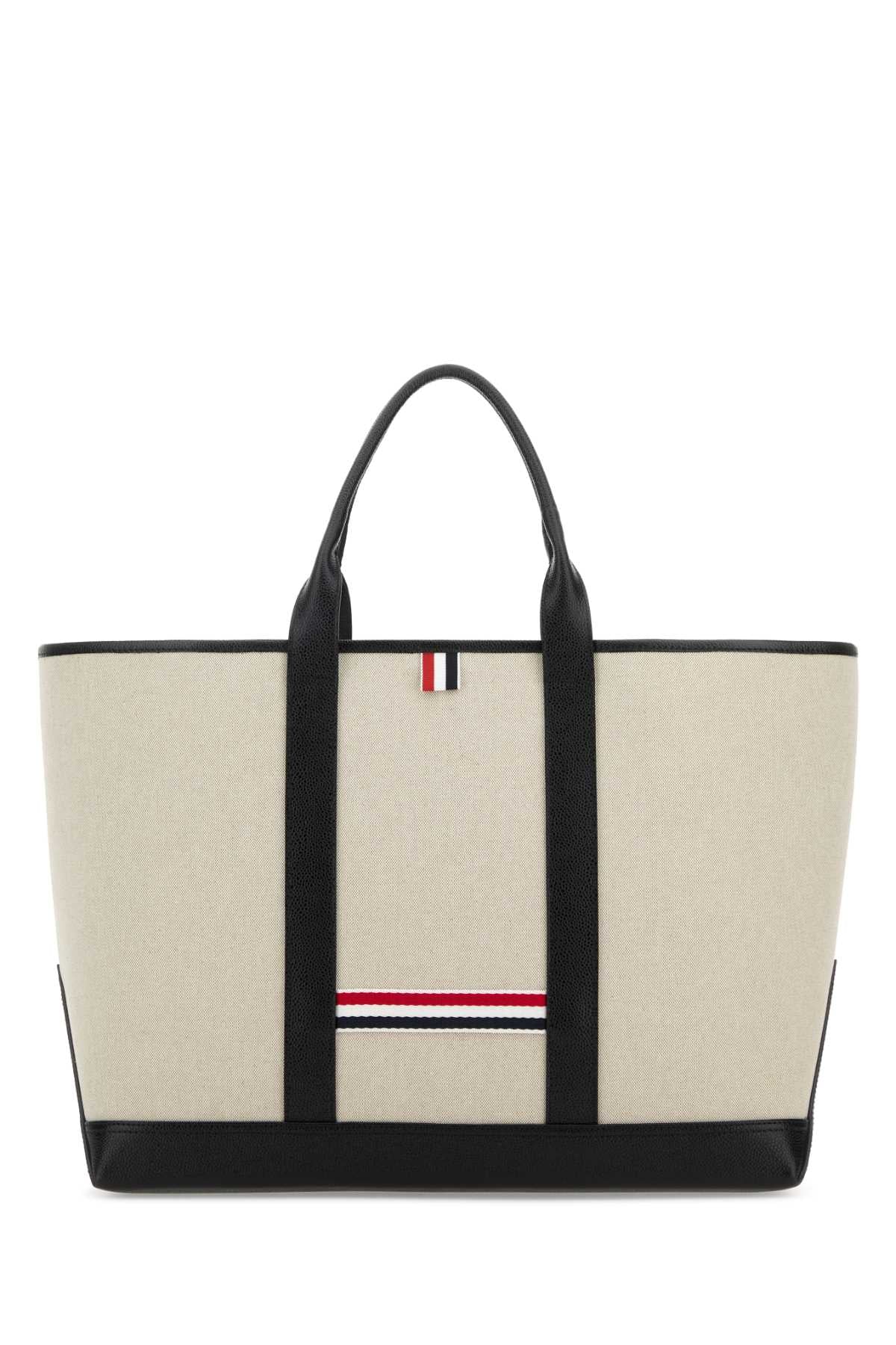 Thom Browne Canvas with RWB-Stripe Tote Bag — Beige