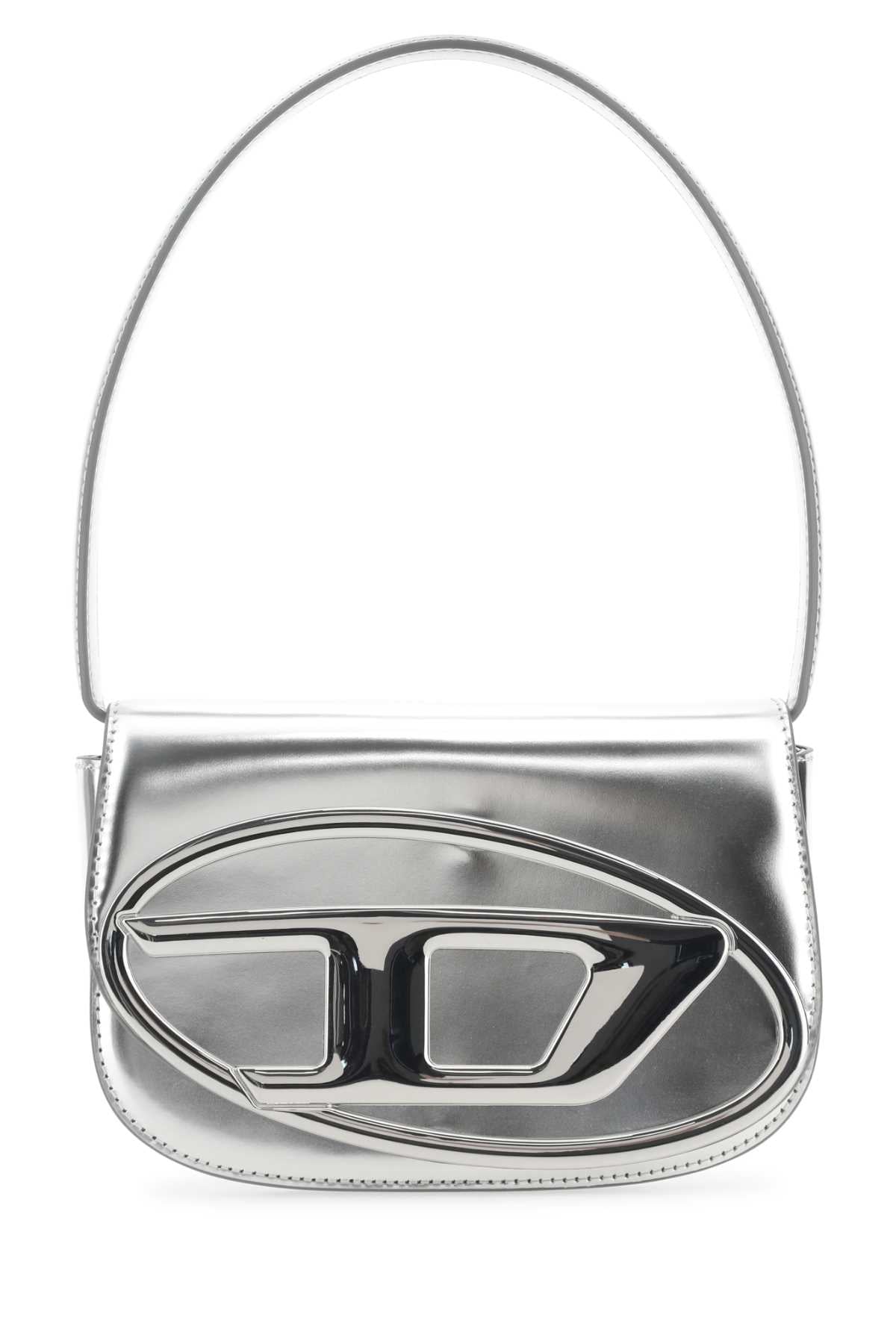 Diesel Metallic Leather with Sculptural Hardware Shoulder Bag — Silver