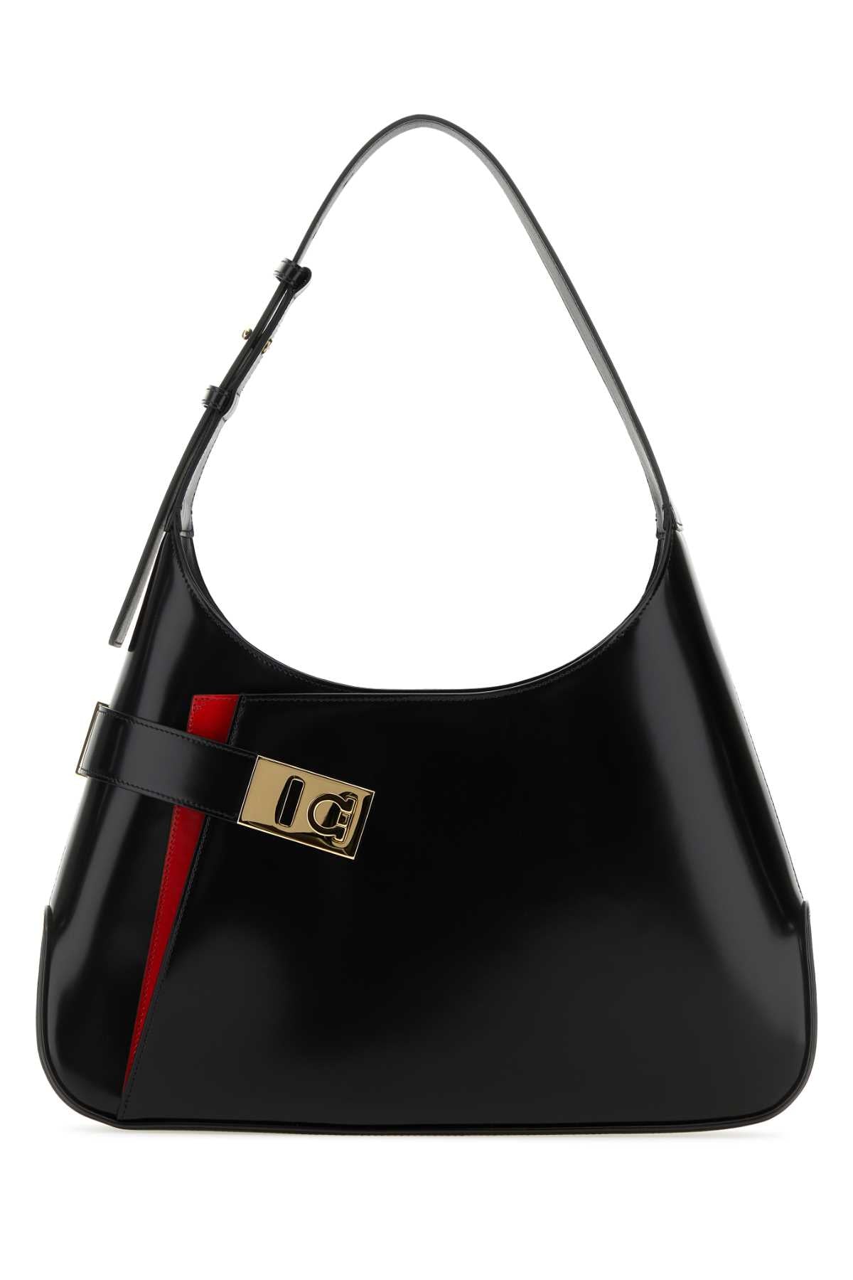 Ferragamo Leather with Contrast Stripe Shoulder Bag — Black