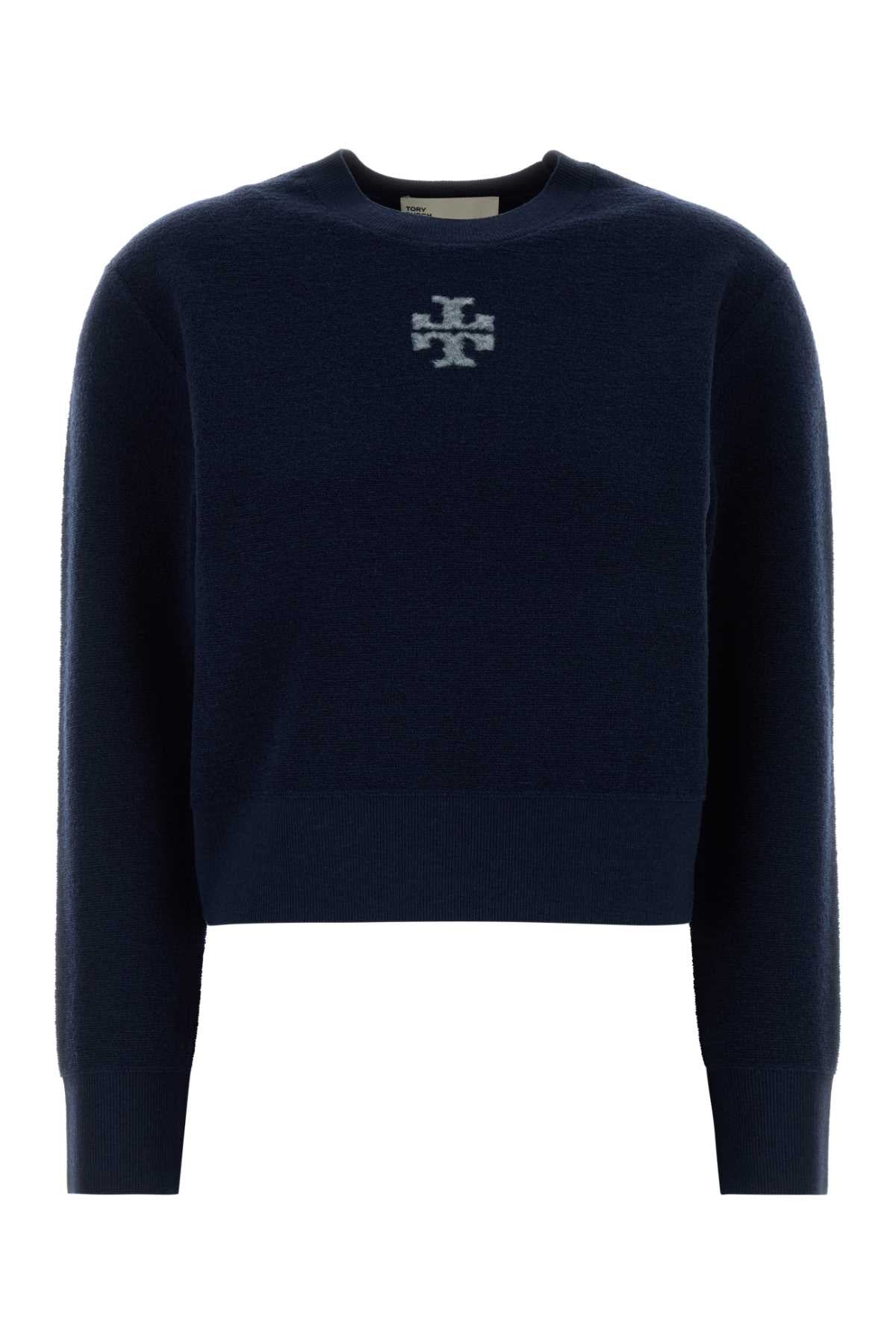 Tory Burch Logo-Embroidered Wool Blend Sweater — Navy