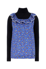 Women's Floral-Print Poplin With Ruffle Collar Blouse Blue Exterior Cotton