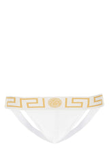 Men's Stretch Cotton With Greek-Key Embroidery Jockstrap White Bodysuits