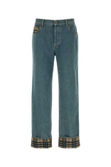 Men's Check-Cuff Denim Jeans Blue Cotton