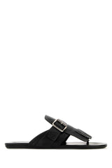 Women's Black Leather Shuffle Thong Slippers Nero Calfleather Flat Shoes