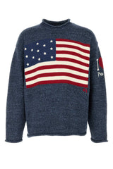 Men's American Flag Intarsia Knit Sweater Blue Cotton