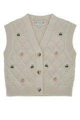 Boys' Cherry-Embroidered Knit Cardigan Beige Laine Cotton