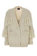 Women's Fringed Crochet Knit Cardigan Beige Virgin Wool Nylon