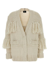 Women's Fringed Crochet Knit Cardigan Beige Virgin Wool Nylon