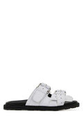 Women's Buckle-Strap Leather Slider White Slippers