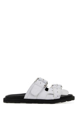 Women's Buckle-Strap Leather Slider White Slippers