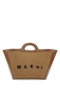 Women's Two-Tone Leather And Raffia Handbag Brown Body Cotton Polyamide