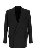 Men's Double-Breasted Wool Blazer Black Polyester Blazers