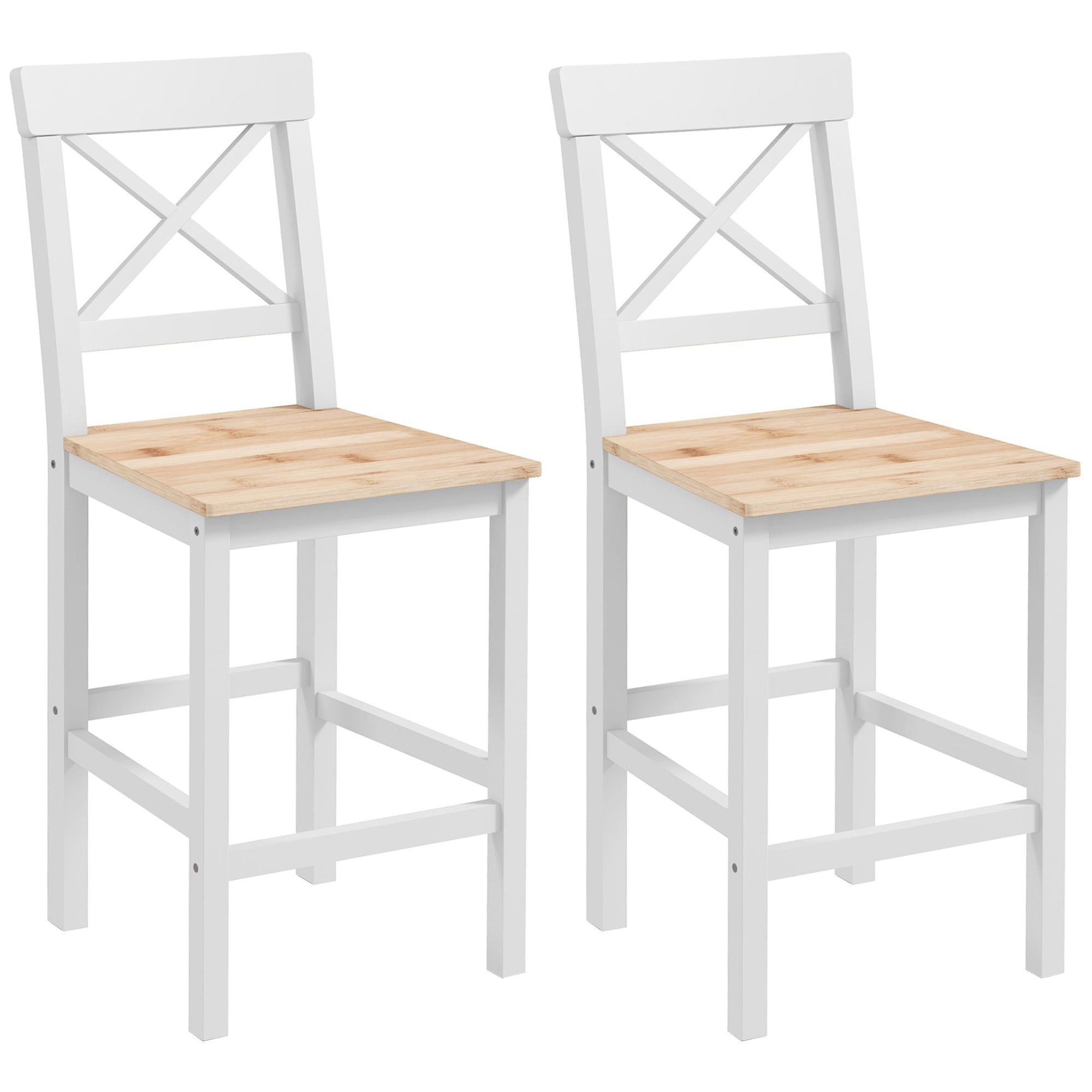 Set of 2 Farmhouse Bar Stools with Cross Back & Footrest, Natural