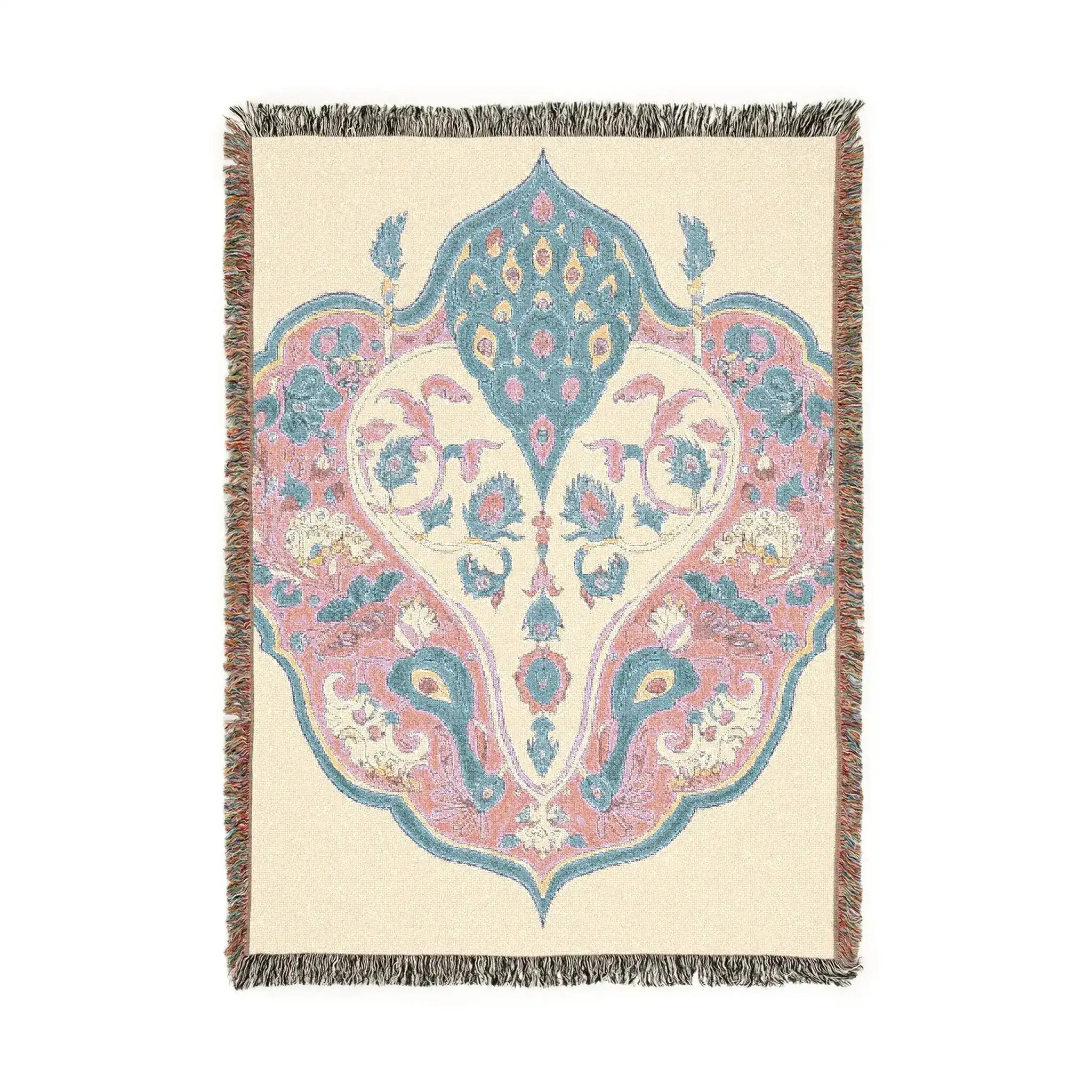 Intricate Floral and Bird Motif Woven Blanket