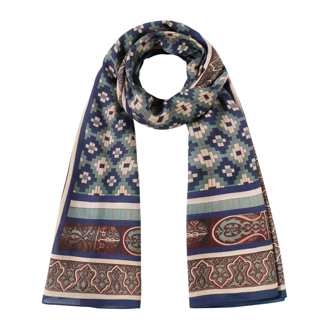 Geometric Islamic Scarf – Blue, Green & Beige Pattern, 100% Modal - Ziyarat