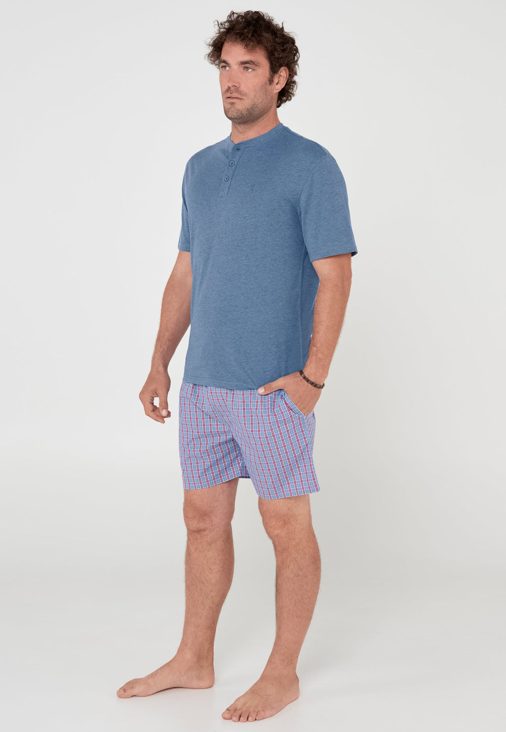 Pijama Hombre Verano Corto Tapeta Algodón Punto Liso Tela Cuadros - Azul 3603_30